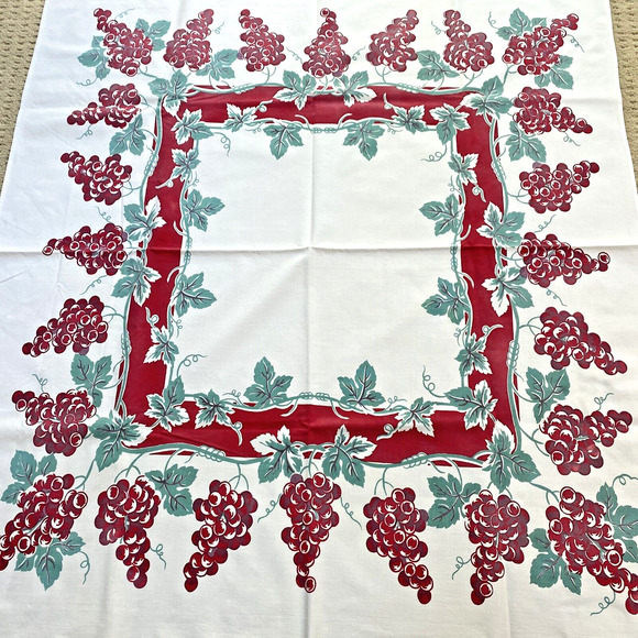 Vintage Mid Century Printed Cotton Tablecloth Red & Mint Green Grapevine Border - Picture 2 of 10